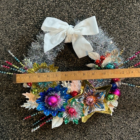 Vintage Repurposed Festive Silver Tinsel and Multicolor Holiday Wreath - Picture 6 of 7